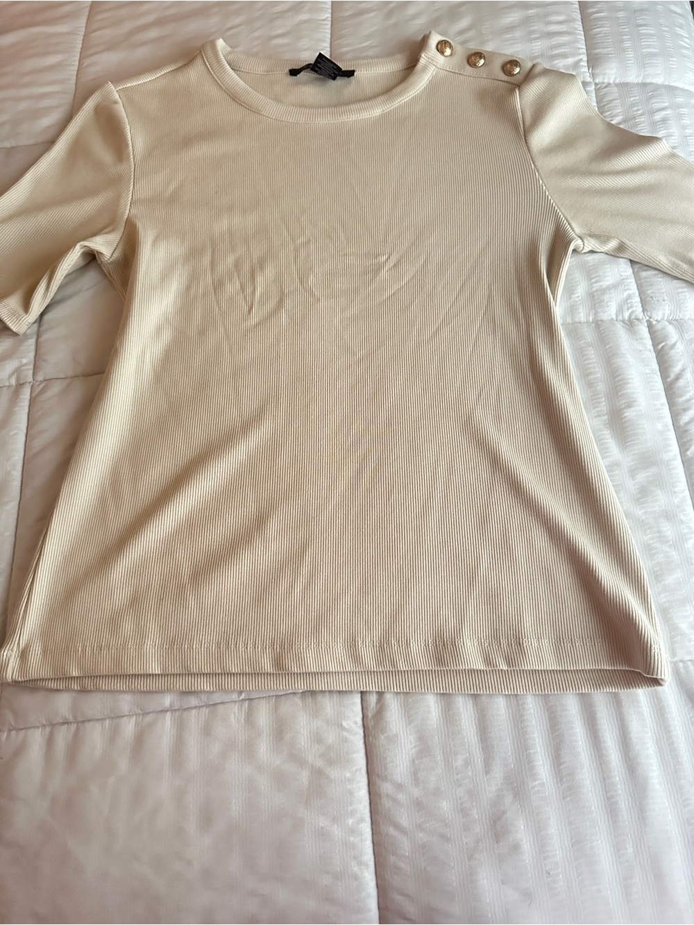 Ribbed Crewneck Short Sleeve Top with Shoulder Buttons - Cream